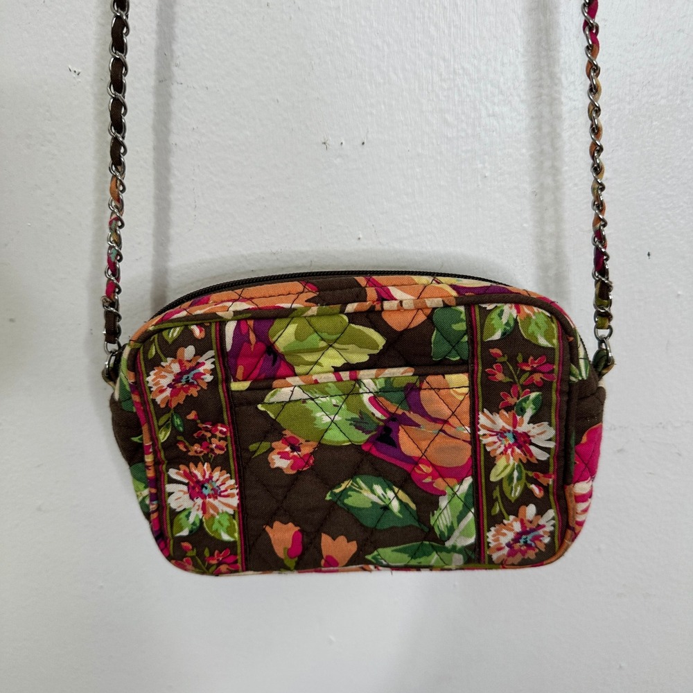 Vera Bradley Floral Quilted Cotton Crossbody Bag Brown Pink Green Chain Strap